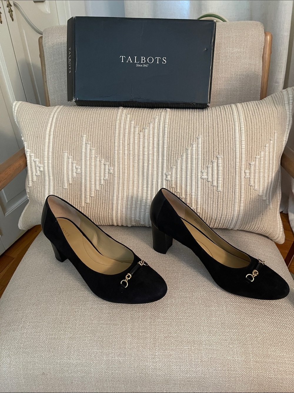 Talbots Ellery Bit, Black Suede and Leather Block Heel Pumps with Gold Accent